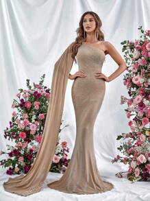 One Shoulder Extra-Long Sleeve Mermaid Hem Glitter Formal Dress