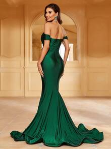 一字肩高衩及地正式連衣裙 - 墨綠色 - 查看 2