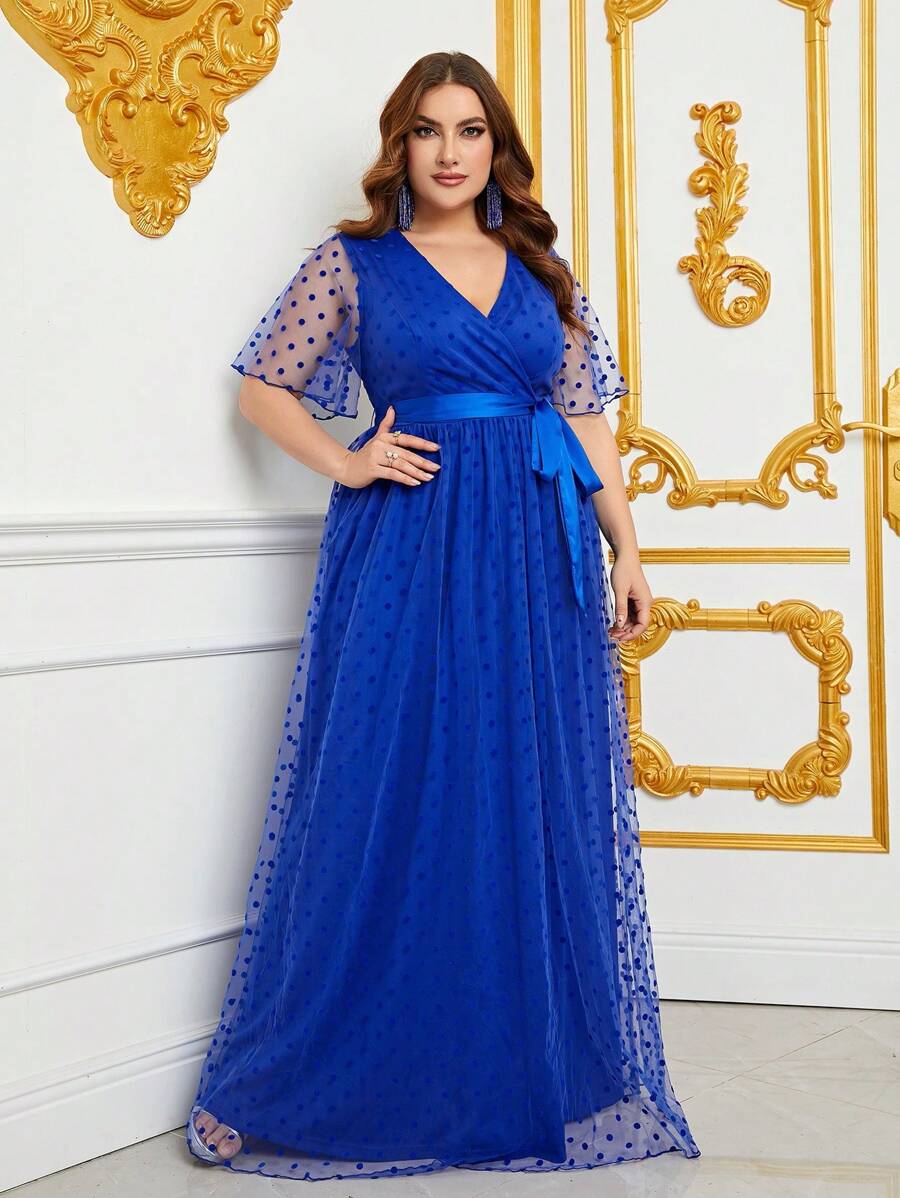 加大多臂网眼覆盖系带连衣裙 - 寶藍色 - 查看 1