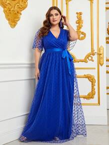 加大多臂网眼覆盖系带连衣裙 - 寶藍色 - 查看 5