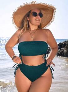SHEIN VCAY Summer Beach Plus Size Drawstring Side Bandeau Bikini Set Bathing Suit - Navy Blue - View 1