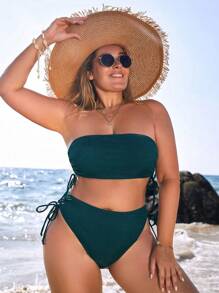 SHEIN VCAY Summer Beach Plus Size Drawstring Side Bandeau Bikini Set Bathing Suit - Navy Blue - View 3