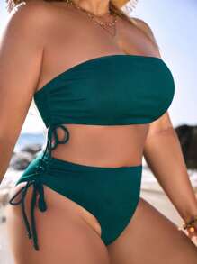 SHEIN VCAY Summer Beach Plus Size Drawstring Side Bandeau Bikini Set Bathing Suit - Navy Blue - View 4