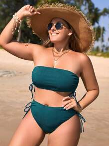 SHEIN VCAY Summer Beach Plus Size Drawstring Side Bandeau Bikini Set Bathing Suit - Navy Blue - View 6
