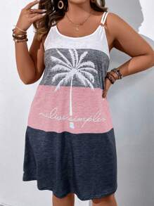 Plus Coconut Tree & Letter Graphic Colourblock Cami Dress - Multicolor - View 4