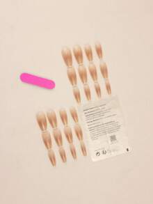 腮紅粉紅色漸層法式尖壓指甲，24 件長棺材經典假指甲和 1 張膠帶和 1 件指甲銼 - 彩色 - 查看 2