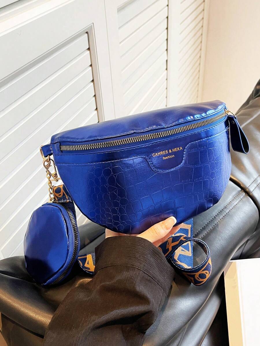 藍色鱷魚紋金屬質感水潤光澤PU皮革腰包帶零錢包 - 寶藍色 - 查看 1