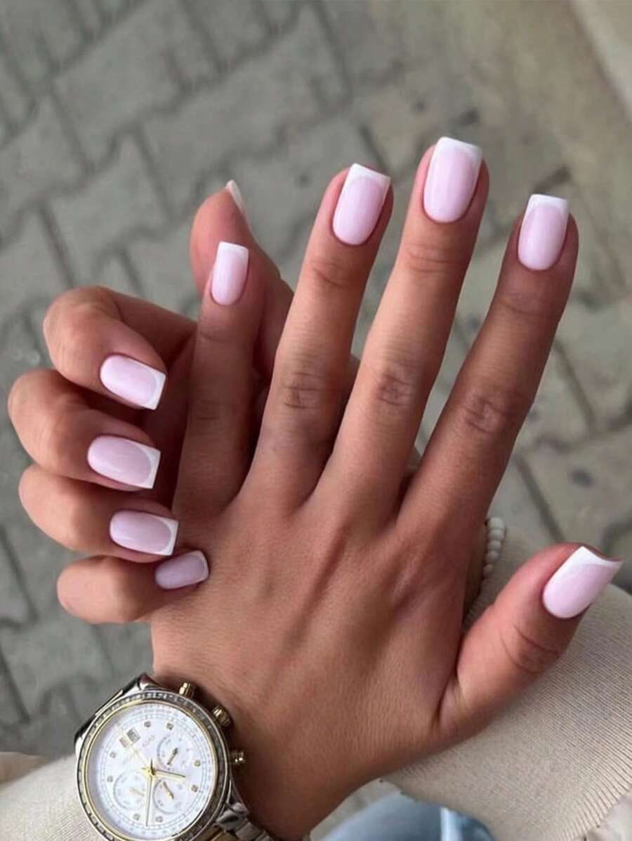 24pcs French Long Square Two Tone Press On Fake Nail & 1sheet Tape & 1pc Nail File - Multicolor - View 1