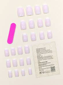 24pcs French Long Square Two Tone Press On Fake Nail & 1sheet Tape & 1pc Nail File - Multicolor - View 2