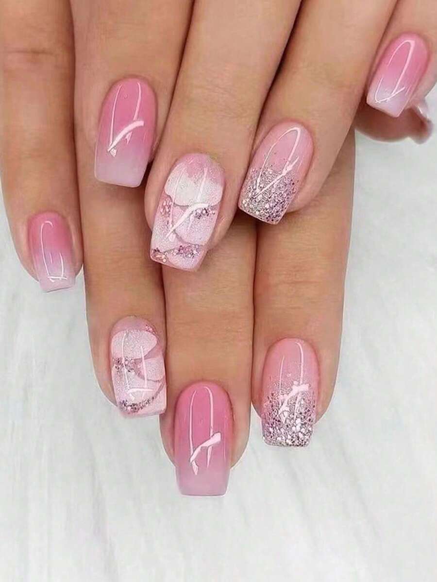 24 Chiếc Ngắn Quan Tài Hoa Lấp Lánh Móng Tay Giả & 1 Tấm Băng & 1 Dũa Móng Tay Ấn Vào Móng Tay bộ Dụng Cụ Làm Móng Tay Đồ Dùng Làm Móng - Nhiều màu - Xem 1