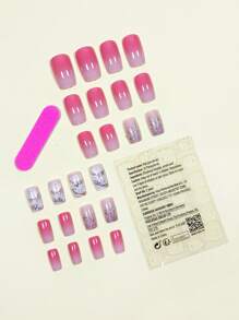 24 Chiếc Ngắn Quan Tài Hoa Lấp Lánh Móng Tay Giả & 1 Tấm Băng & 1 Dũa Móng Tay Ấn Vào Móng Tay bộ Dụng Cụ Làm Móng Tay Đồ Dùng Làm Móng - Nhiều màu - Xem 2