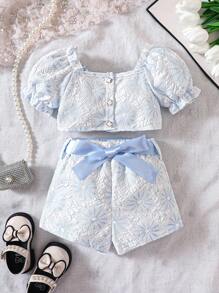 Bộ đồ Em bé Nút phía trước màu trơn - Xanh và trắng - Xem 1