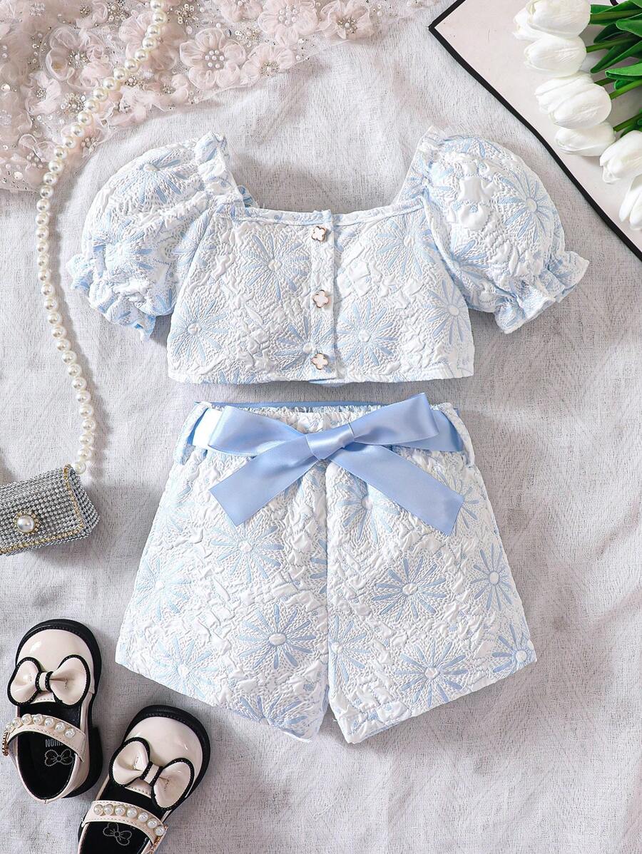 Bộ đồ Em bé Nút phía trước màu trơn - Xanh và trắng - Xem 1