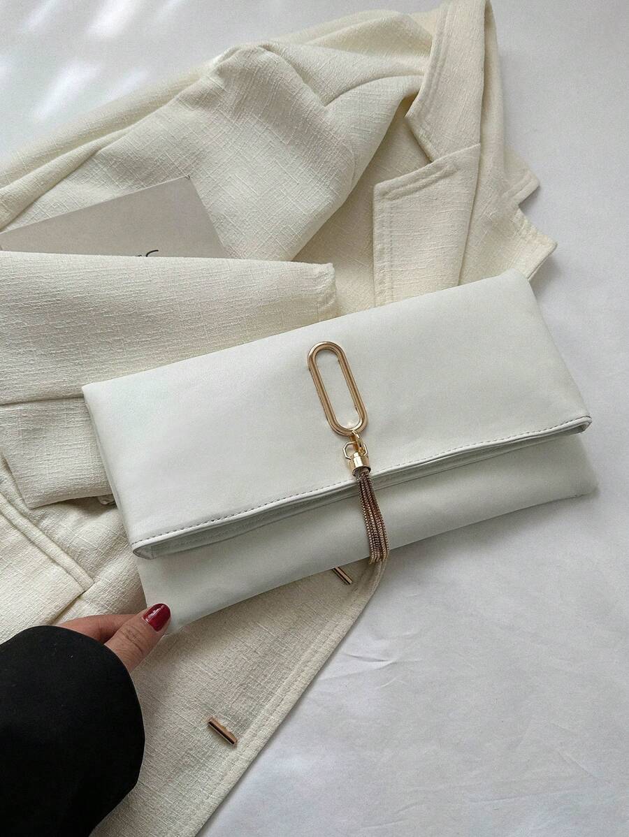 White Tassel Decorated Envelope Clutch Bag - White - View 1