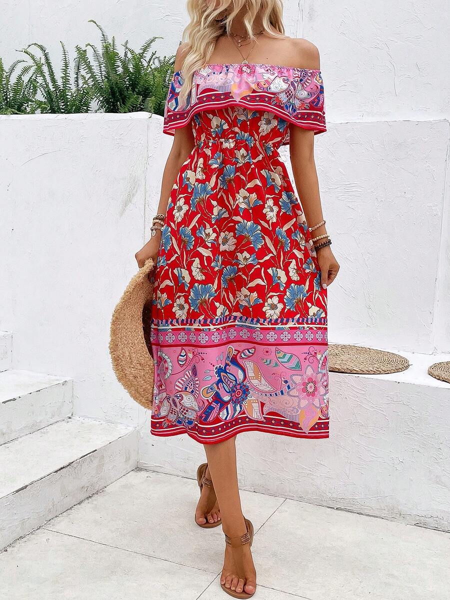 SHEIN VCAY Floral Print Off Shoulder Dress - Multicolor - View 1