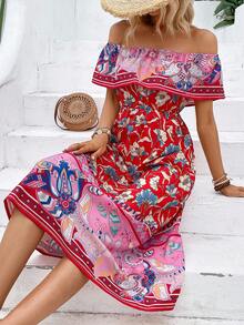 SHEIN VCAY Floral Print Off Shoulder Dress - Multicolor - View 6