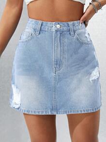 High Waist Ripped Denim Skirt - Light Wash - View 2