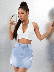 High Waist Ripped Denim Skirt - Light Wash - View 4