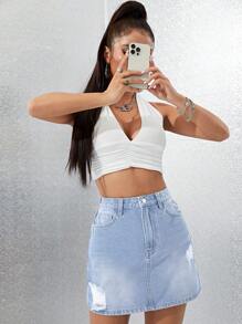 High Waist Ripped Denim Skirt - Light Wash - View 5