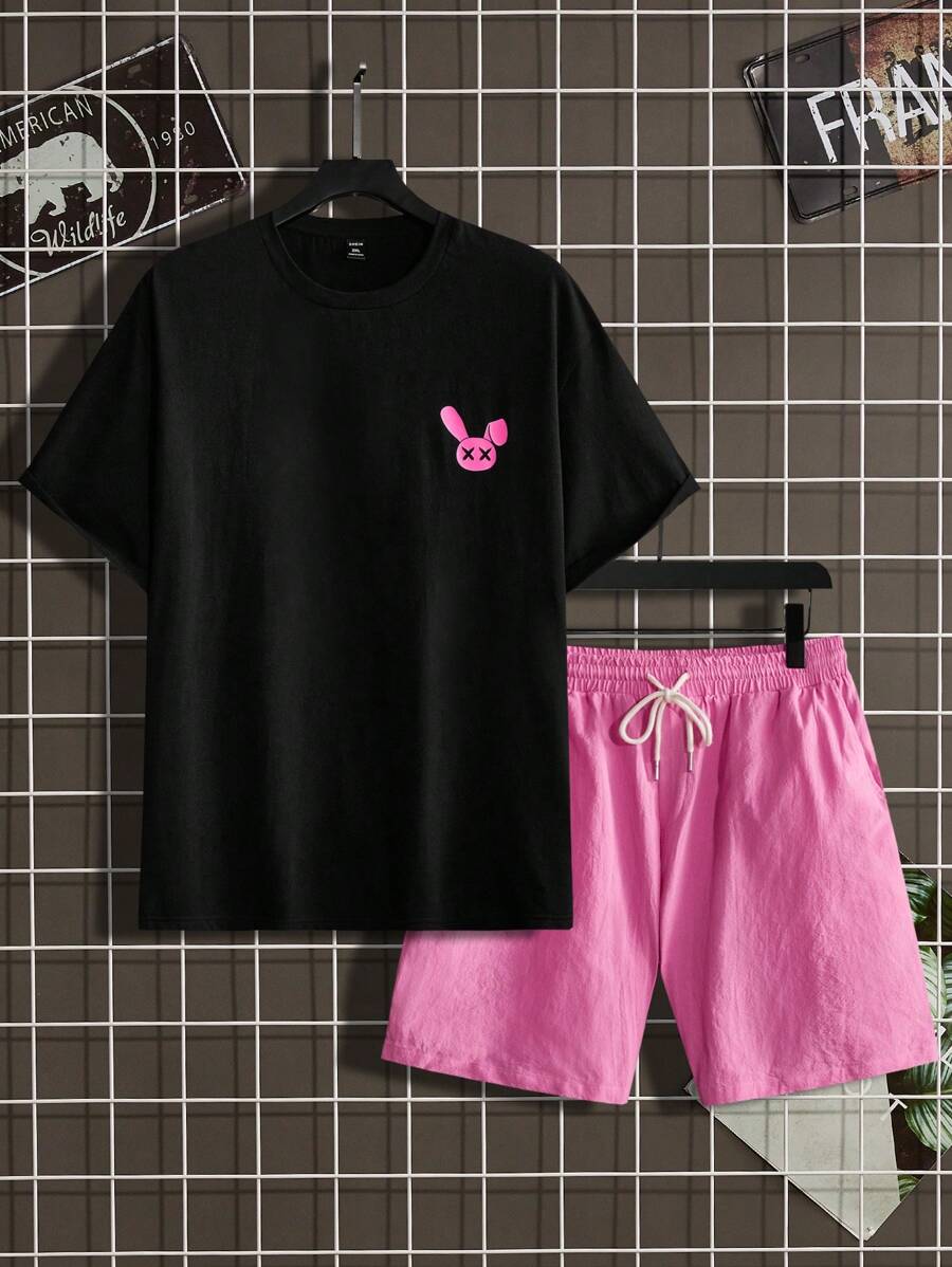 Manfinity RebelGame Nam Bông In biểu thức Áo thun & Eo dây rút Quần short - Nhiều màu - Xem 1