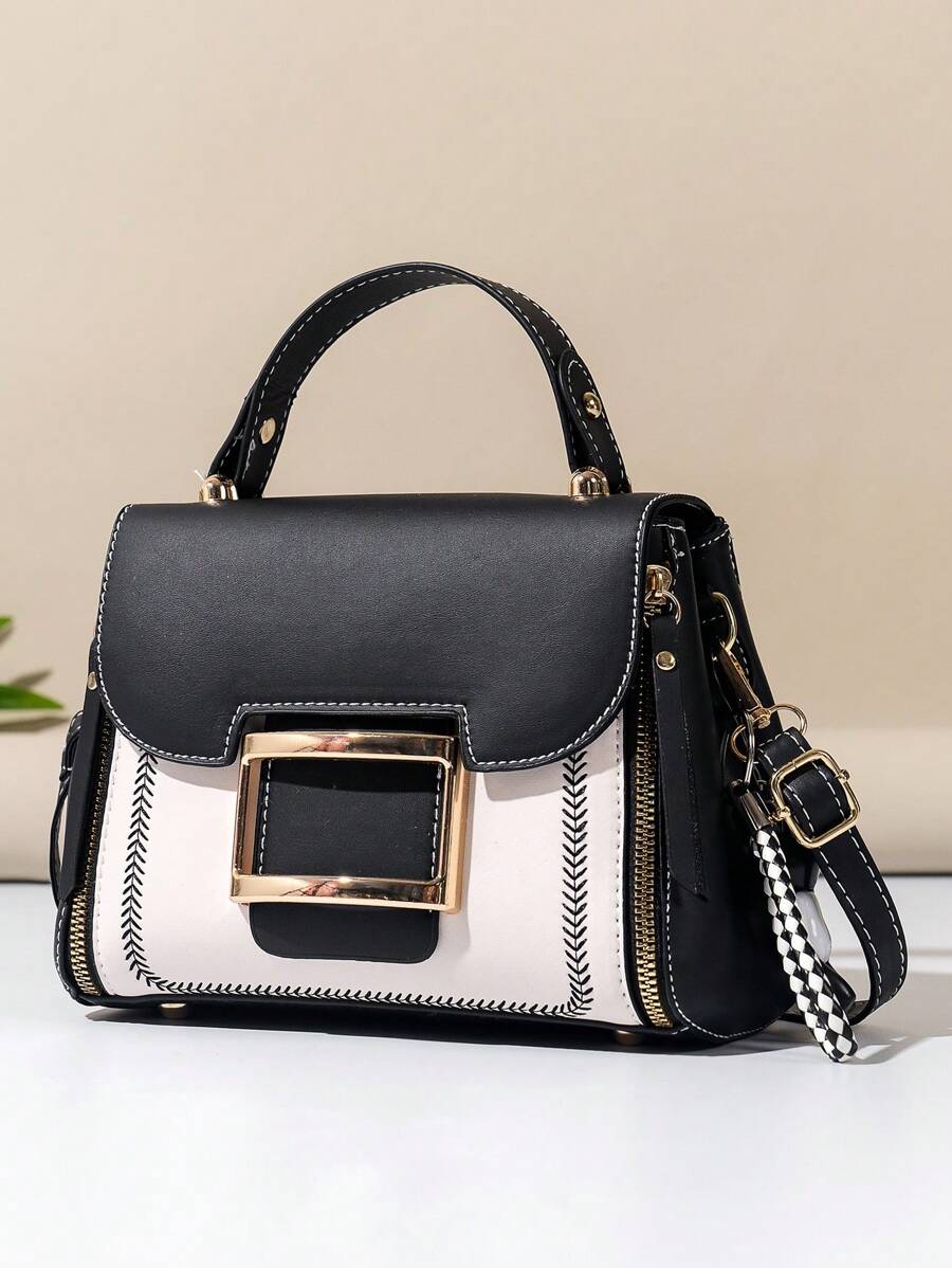 contrasto colore alla moda decorato ricamo Flip Copertina Borsa quadrata con Top singolo maniglia - Bianco e nero - Visualizzare 1