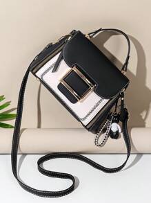 contrasto colore alla moda decorato ricamo Flip Copertina Borsa quadrata con Top singolo maniglia - Bianco e nero - Visualizzare 5