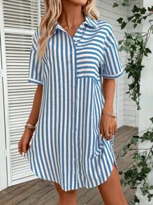 SHEIN LUNE Striped Print Drop Shoulder Shirt Dress - Blue and White - View 1