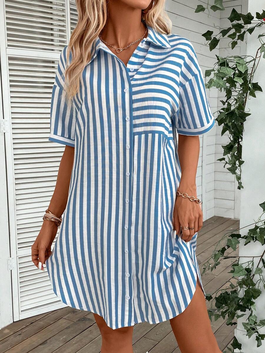 SHEIN LUNE Striped Print Drop Shoulder Shirt Dress - Blue and White - View 1