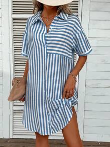 SHEIN LUNE Striped Print Drop Shoulder Shirt Dress - Blue and White - View 5