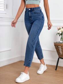 高腰媽媽牛仔褲 - 深色水洗藍 - 查看 1