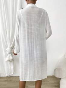 Swim Vcay Kimono con bordado floral con botón delantero - Beis - Ver 2