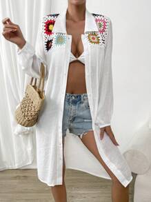 Swim Vcay Kimono con bordado floral con botón delantero - Beis - Ver 6