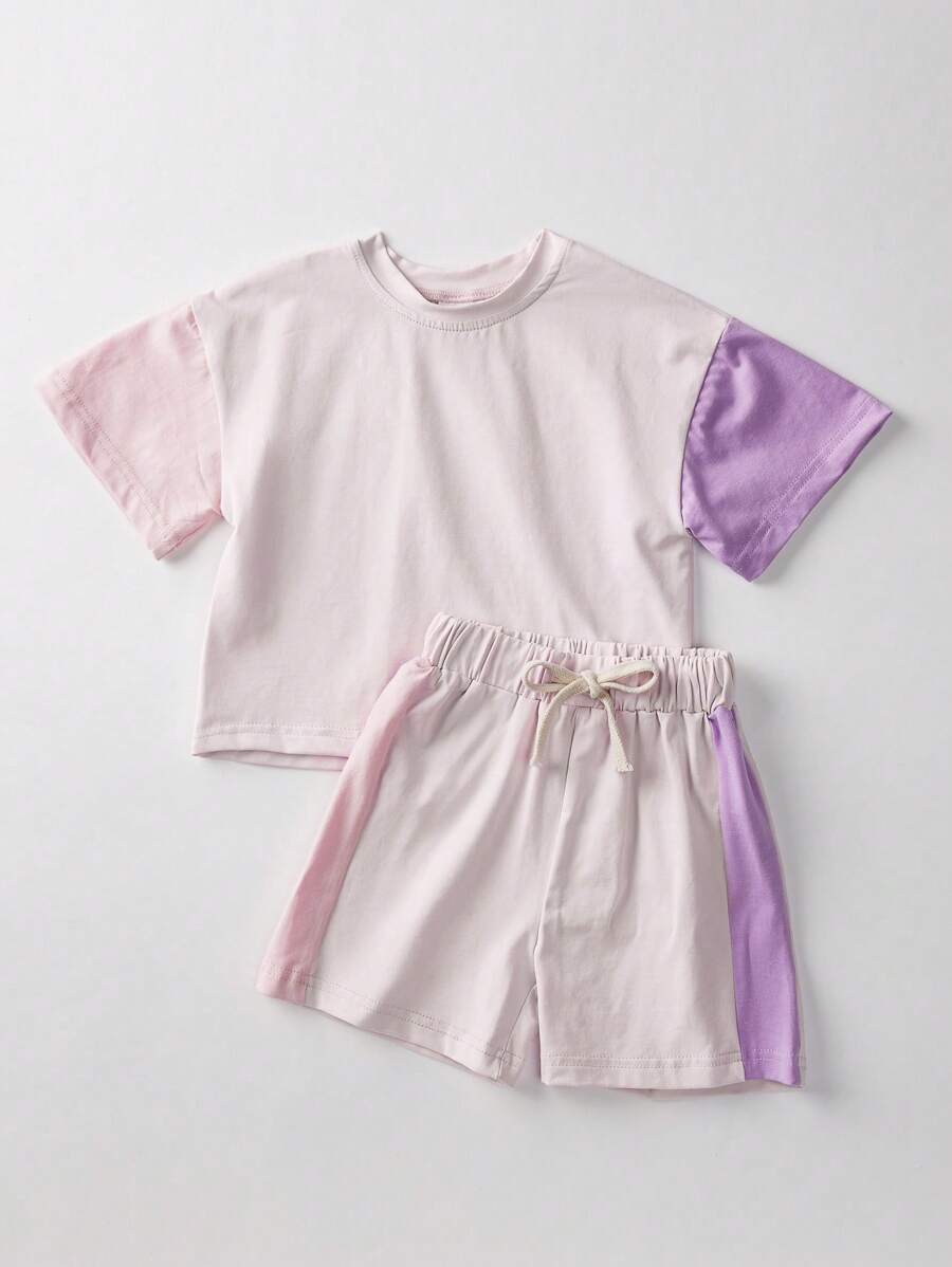 Bebé de color combinado Camiseta & con cordón delantero Shorts - Rosa - Ver 1