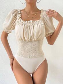 SHEIN Privé Frill Trim Puff Sleeve Bodysuit - Apricot - View 2