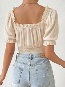 SHEIN Privé Frill Trim Puff Sleeve Bodysuit - Apricot - View 3