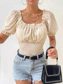 SHEIN Privé Frill Trim Puff Sleeve Bodysuit - Apricot - View 4