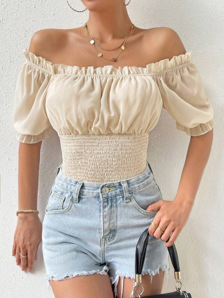 SHEIN Privé Frill Trim Puff Sleeve Bodysuit - Apricot - View 1