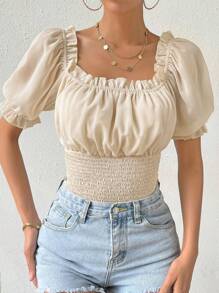 SHEIN Privé Frill Trim Puff Sleeve Bodysuit - Apricot - View 6