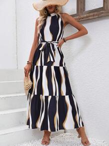 Breezaya Colourblock Belted Layered Hem Dress - Multicolor - View 4