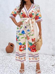 Breezaya Plus Floral Print Belted Jumpsuit - Apricot - View 1