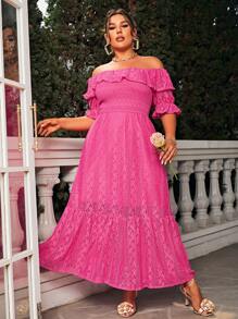 Glamaker 大碼一字肩荷葉邊荷葉邊蕾絲洋裝 - 玫紅色 - 查看 1