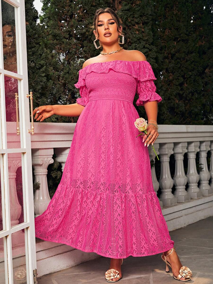 Glamaker 大碼一字肩荷葉邊荷葉邊蕾絲洋裝 - 玫紅色 - 查看 1