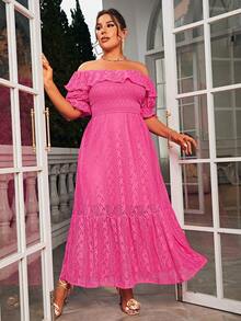 Glamaker 大碼一字肩荷葉邊荷葉邊蕾絲洋裝 - 玫紅色 - 查看 4