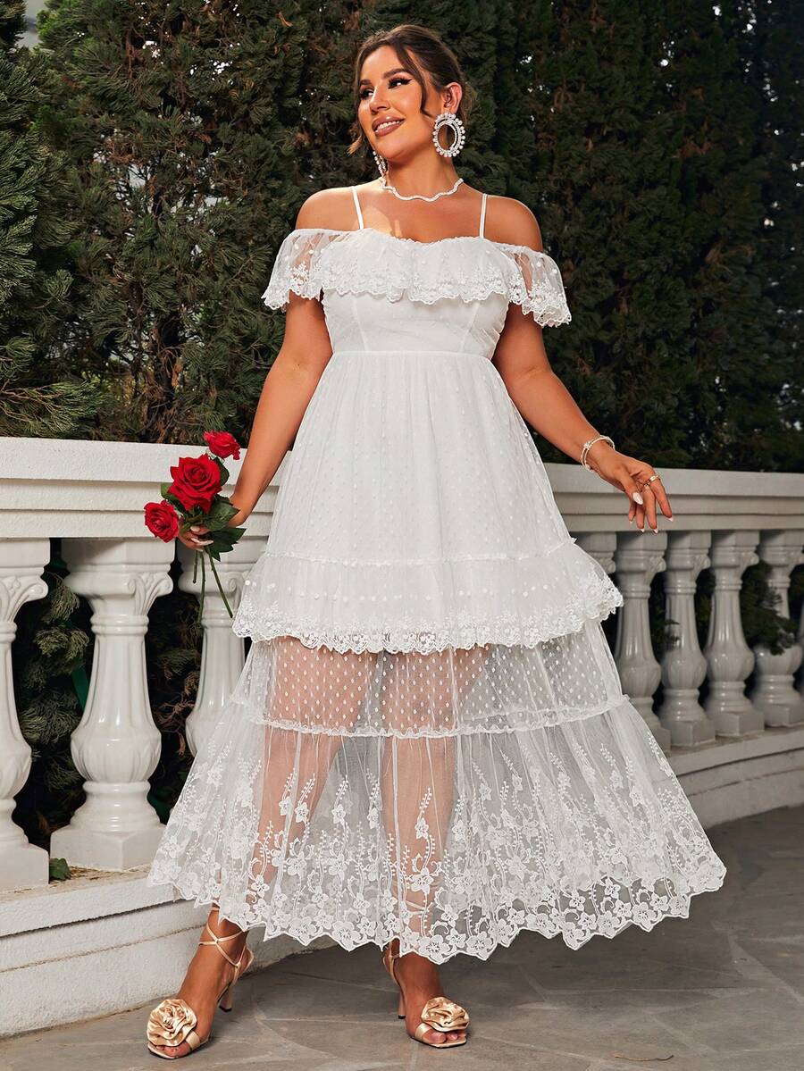 Glamaker Vestido de hombros descubiertos ribete con fruncido con encaje - Blanco - Ver 1