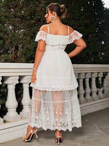 Glamaker Vestido de hombros descubiertos ribete con fruncido con encaje - Blanco - Ver 2