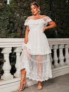 Glamaker Vestido de hombros descubiertos ribete con fruncido con encaje - Blanco - Ver 4