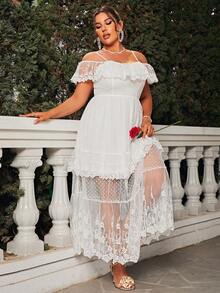 Glamaker Vestido de hombros descubiertos ribete con fruncido con encaje - Blanco - Ver 6