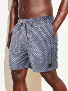 Manfinity Men Allover Geo Print Drawstring Waist Patched Detail Swim Trunks - Multicolor - View 1