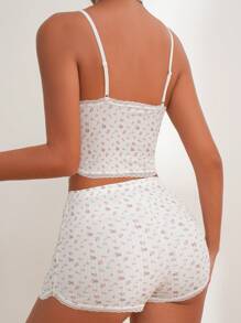 CottageSlumber Ditsy Floral Print Lace Trim Cami Top & Shorts PJ Set / Pajama Set Summer Two Pieces Setvacation Two Pieces Setsummer 2 Pieces Set Holiday Season  Cozy And Elegant Details - Multicolor - View 2