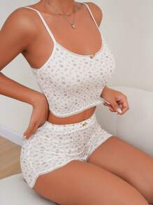 CottageSlumber Ditsy Floral Print Lace Trim Cami Top & Shorts PJ Set / Pajama Set Summer Two Pieces Setvacation Two Pieces Setsummer 2 Pieces Set Holiday Season  Cozy And Elegant Details - Multicolor - View 3